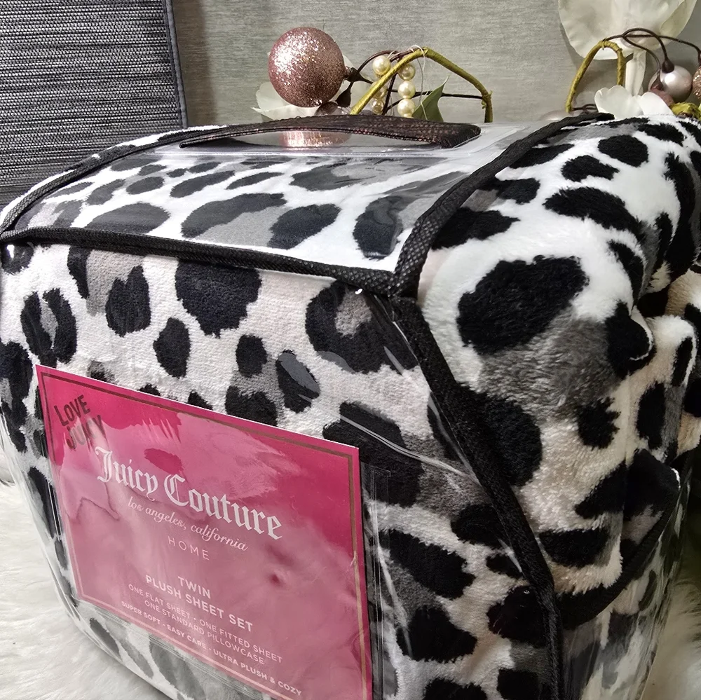 Juicy Couture 4pc Twin Plush Sheet Set Black Grey Leopard Print Super Soft&Cozy